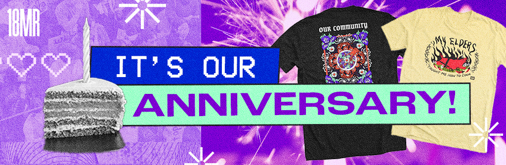 Purple graphic with sparkles and a birthday cake. There are cut out images of our t-shirt merch. Text reads: It's our anniversary!