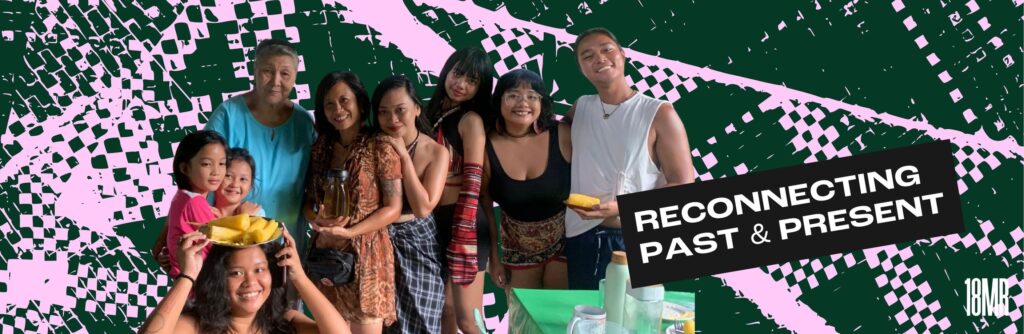 Dark green graphic with pink textures. There is a cut out photo of Khokhoi and Rafi with a group of Filipino people, of various ages from two children to an older person. They're all smiling and crowded close. Text reads: Reconnecting Past and Present.