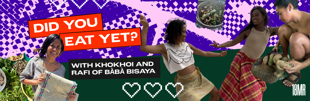 Purple textured graphic with montage of photos. Photos include Khokhoi, a femme Filipina person with short dark hair. She's smiling. Another photo of Rafi, a queer Filipino person, crouching low, and cutting up something a tropical vegetable? Between them is a photo of Khokhoi and Rafi dancing with each other, laughing. Text reads: Did you eat yet? With Khokhoi and Rafi of Baba Bisaya.