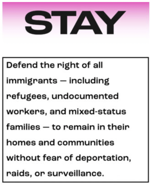 STAY: Defend the right of all immigrants — including refugees, undocumented workers, and mixed-status families — to remain in their homes and communities without fear of deportation, raids, or surveillance.