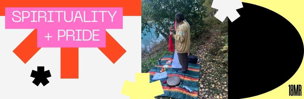 Bold colorful pixel graphic with an image of a mudang, a Korean shaman, standing on a blanket holding several sacred items. Text reads: Spirituality + Pride