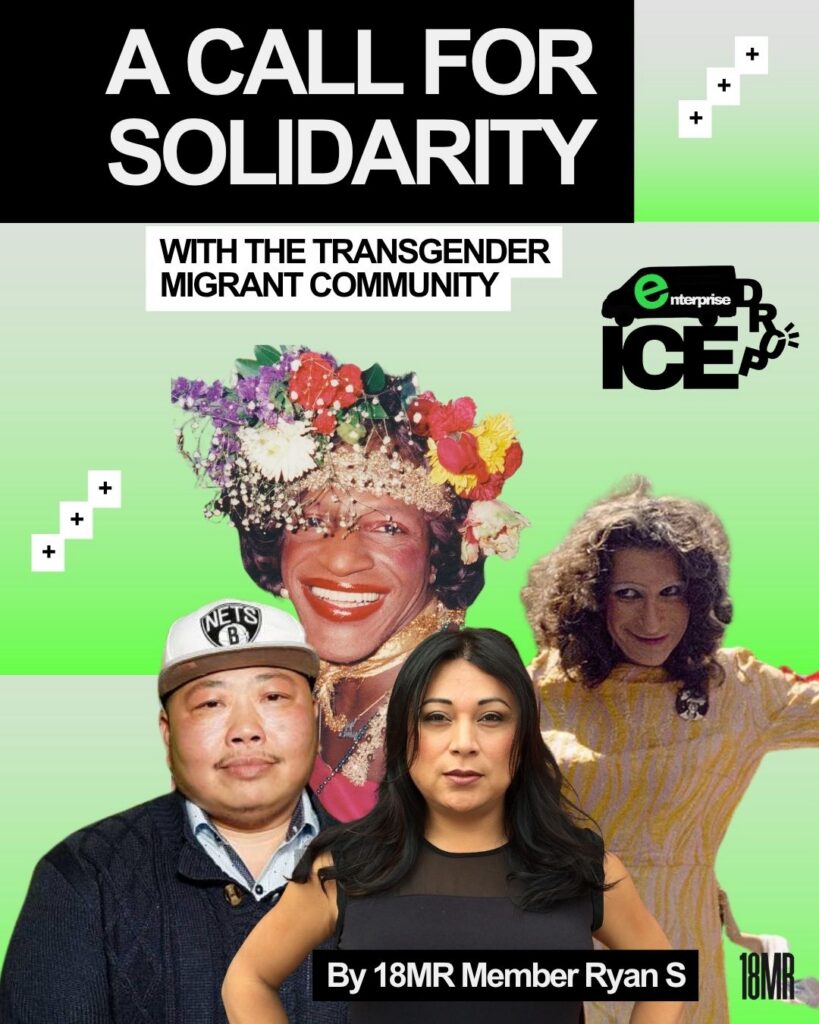 graphic with photo montage of marsha p johnson, sylvia rivera, chin tsui, and 18mr member ryan s. text reads a call for solidarity with the transgender migrant community.
